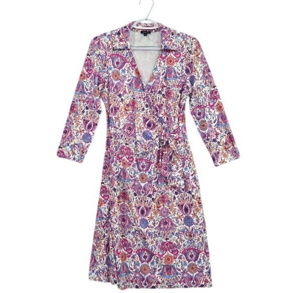 Talbots Wrap Dress Women's Small Pink Purple Floral Paisley Collared 3/4 Sleeve
